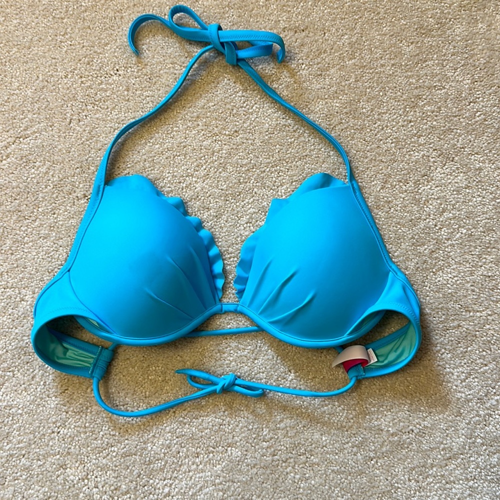 Victoria Secret bikini top blue size 34D adjustable tie straps and back